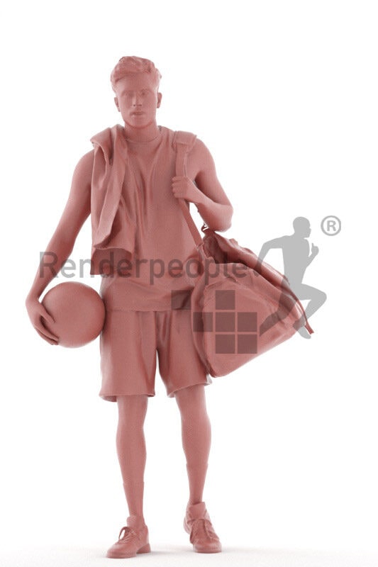 Scanned 3D People model for visualization – indian man in sports outfit, carrying towl, sportsbag and basketball while walking