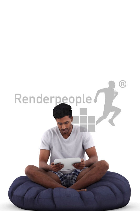 Photorealistic 3D People model by Renderpeople – indian man in sleepwear, sitting on a beanbag and watching something on the tablet