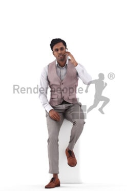 Posed 3D People model for renderings – indian man in smart casual look, sitting and calling
