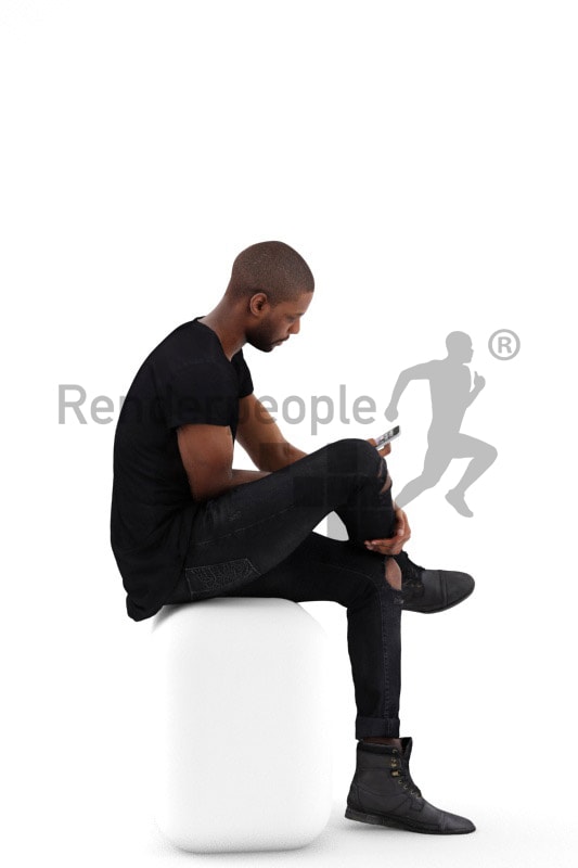 3d people casual, black 3d man sitting typing on his phone