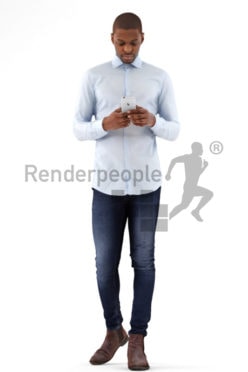 3d people business, black 3d man walking typing on his phone