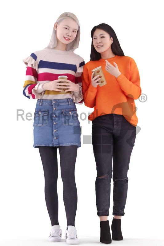 3d people casual, asian 3d group women walking and talking