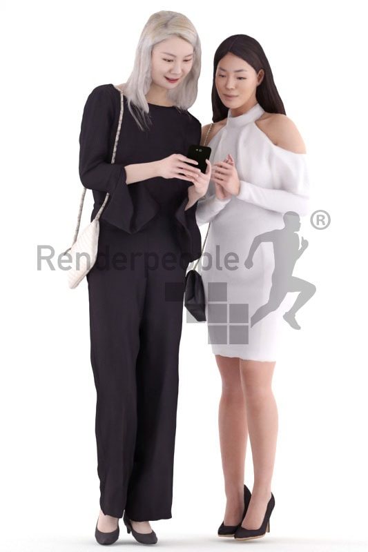 3d people event, asian 3d group women standing and looking on smartphone