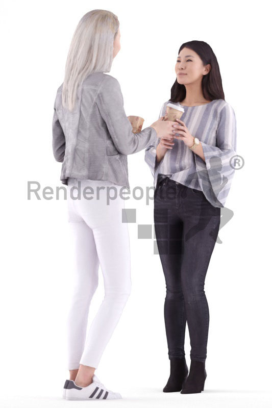 3d people casual, asian 3d group women holding coffee cup