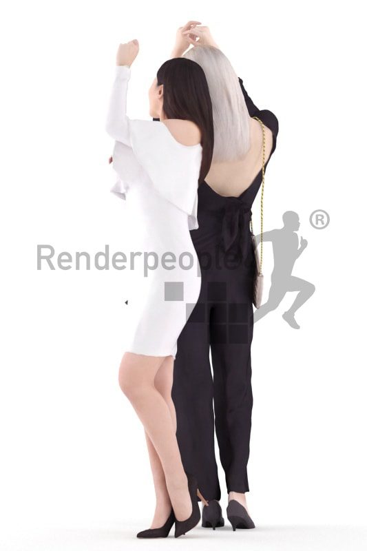 3d people evening, white and asian 3d women dancing