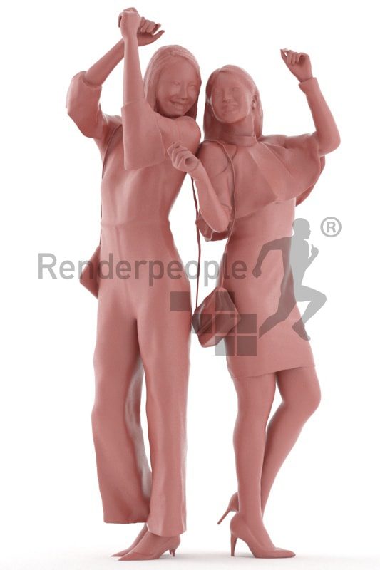 3d people evening, white and asian 3d women dancing