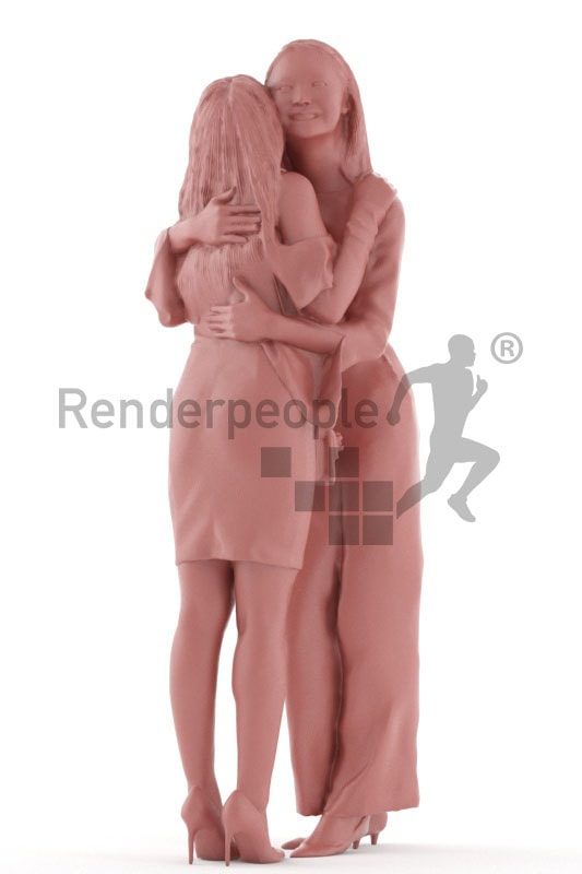 3d people event, asian 3d group women standing and hugging