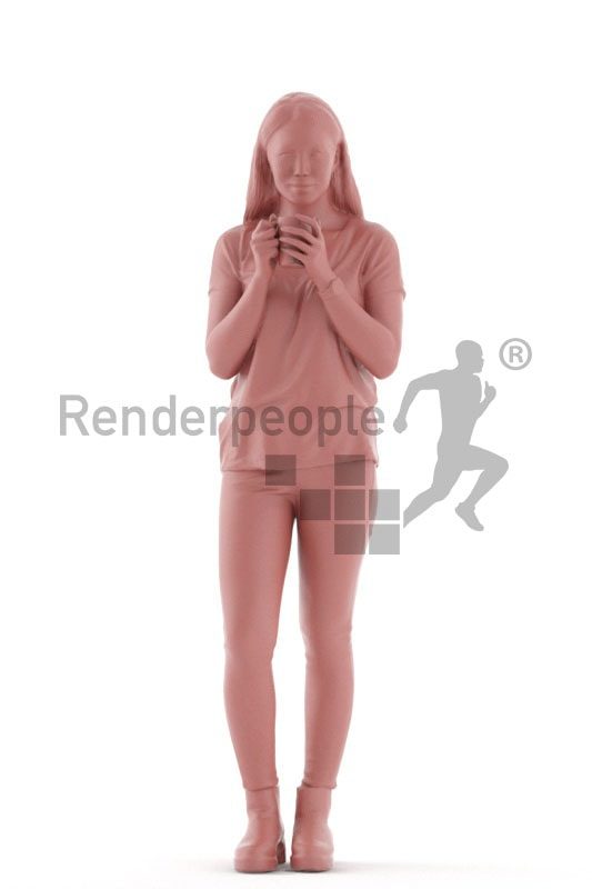 3d people casual, asian 3d woman standing drinking