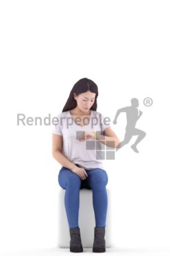 3d people casual, asian 3d woman sitting and looking on watch