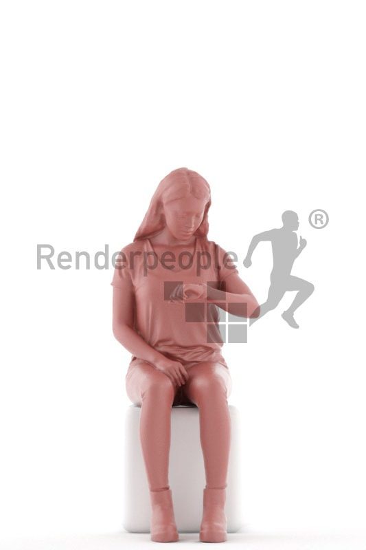 3d people casual, asian 3d woman sitting and looking on watch