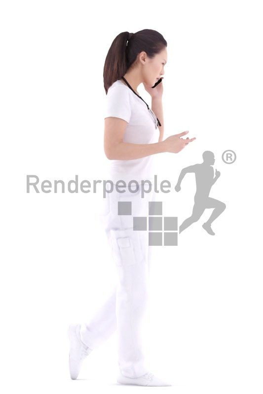 3d people healthcare, asian 3d woman doctor walking and calling