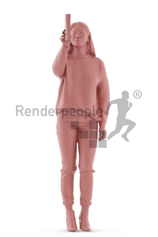 3d people casual, asian 3d woman standing and holding book