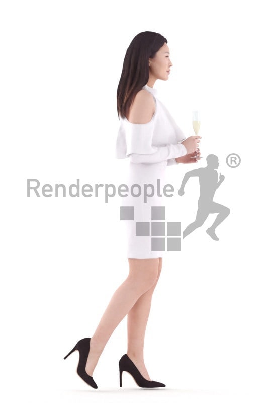 3D People model for 3ds Max and Cinema 4D – asian woman in event dress, walking and holding a glass of champagne