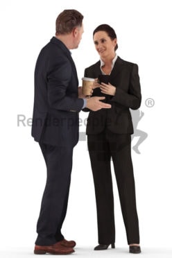 d people business, white 3d couple standing drinking coffee and talking