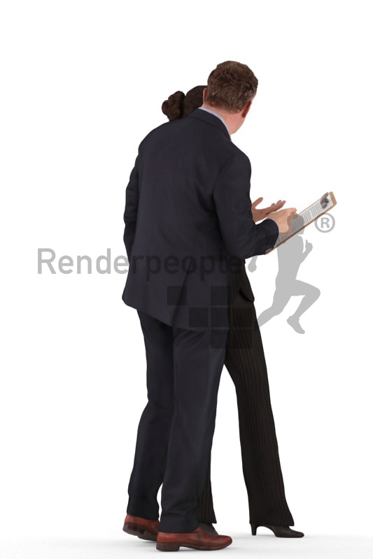 d people business, white 3d couple standing discussing while holding a clipboard