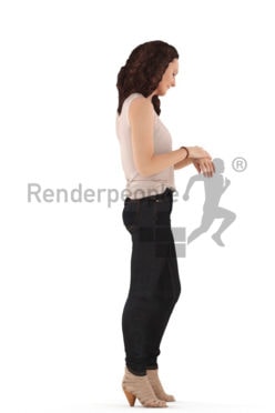 3d people casual. woman standing looking at her watch