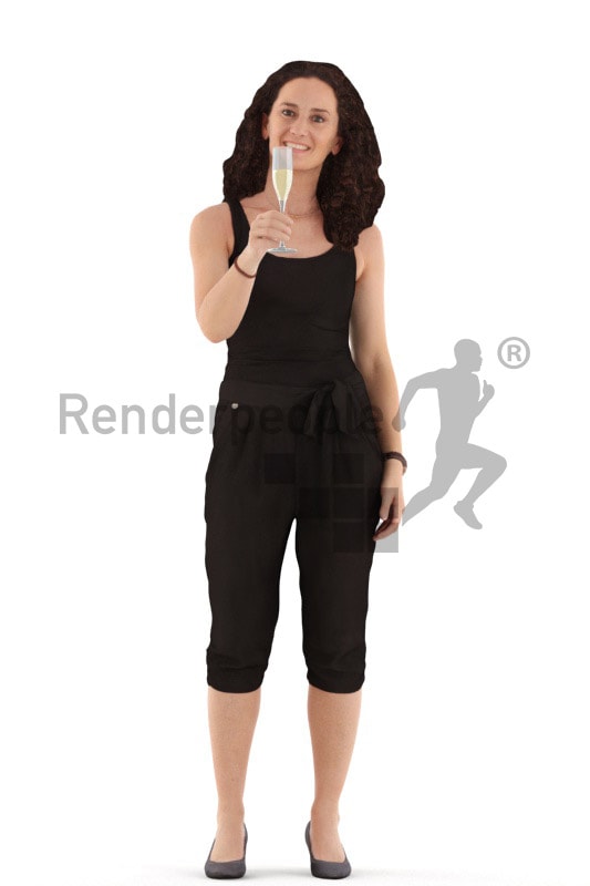 3d people casual. woman standing with a champagne glas