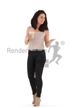 3d people casual. woman walking and drinking coffee