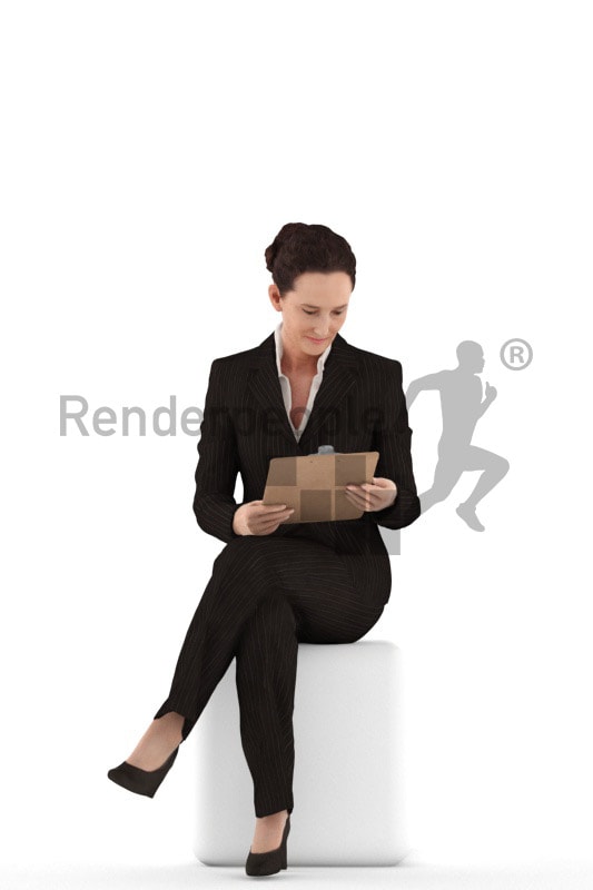 3d people business woman sitting and looking at her clipboard