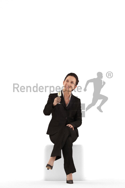 Posed 3D People model by Renderpeople – hispanic woman in business suit, sitting and cheering with champagne glass