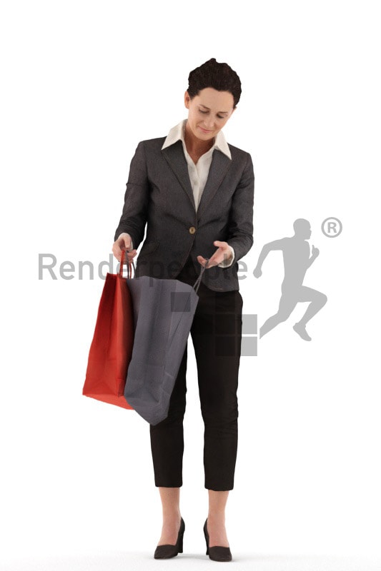 3d people business woman standing loking into her shopping bags