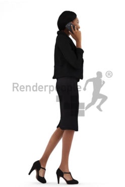 3d people business, black 3d woman walking and talking on the phone