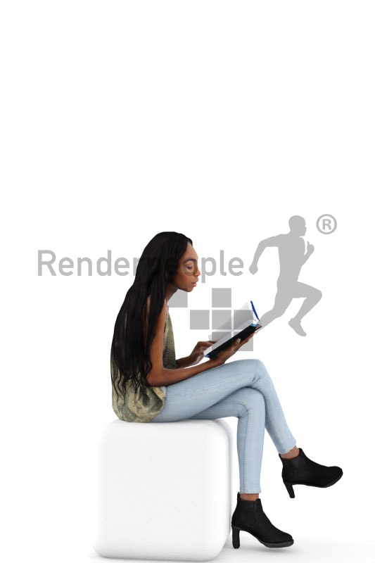 3d people casual, black 3d woman sitting and reading a book