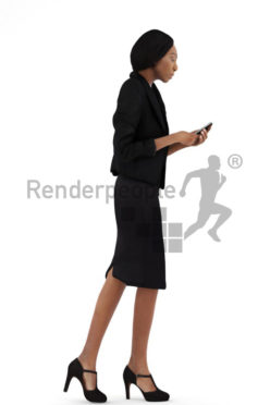 3d people business, black 3d woman walking and typing on her phone