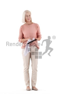 Posed 3D People model for renderings – elderly white woman, drying dishes
