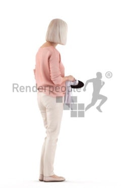 Posed 3D People model for renderings – elderly white woman, drying dishes