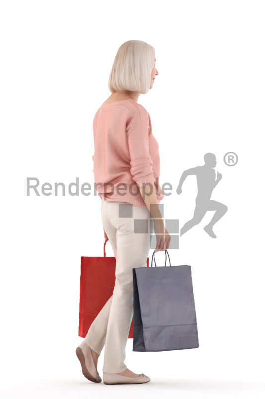 Scanned 3D People model for visualization – old white woman, walking with shopping bags