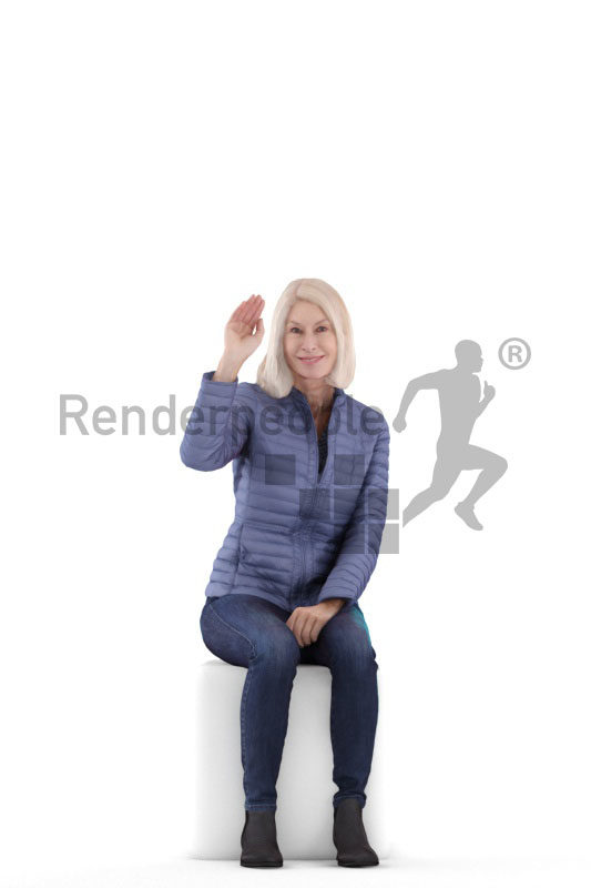 Posed 3D People model by Renderpeople – old white woman, sitting and greeting
