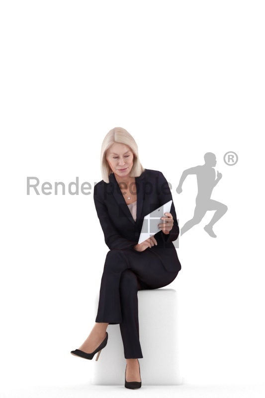 Posed 3D People model for renderings – Elderly white woman, sitting in business suit