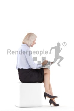 Posed 3D People model for renderings – old european woman, office look, sitting and writing