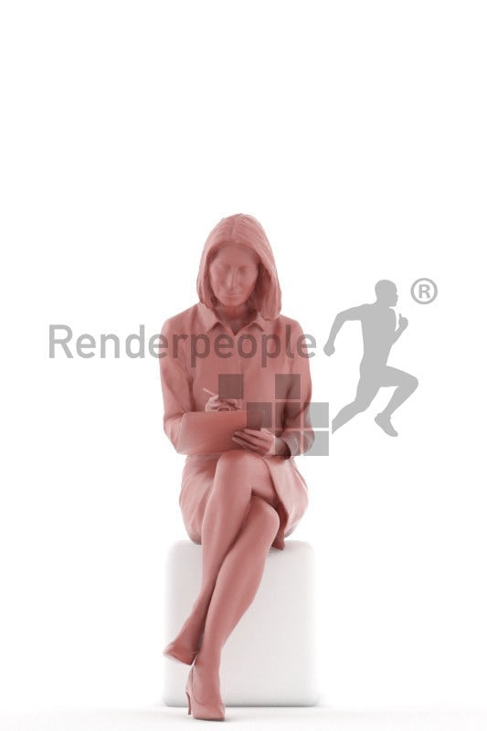 Posed 3D People model for renderings – old european woman, office look, sitting and writing