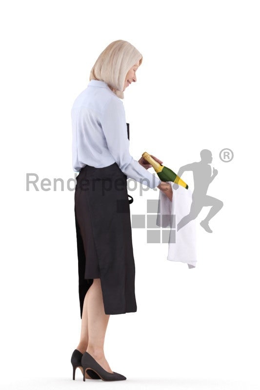 Posed 3D People model for renderings – Elderly european female, gastronomy, serving vino