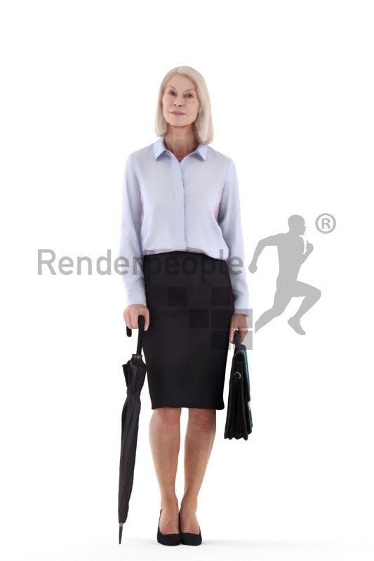 Photorealistic 3D People model by Renderpeople – elderly white woman in business look, with office bag and umbrella