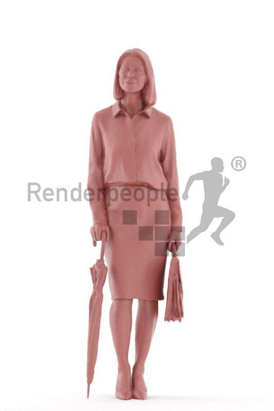 Photorealistic 3D People model by Renderpeople – elderly white woman in business look, with office bag and umbrella