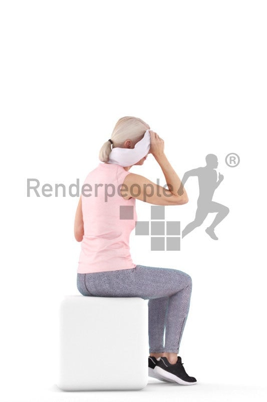Posed 3D People model for renderings – old european woman sitting in sportswear, with a towel