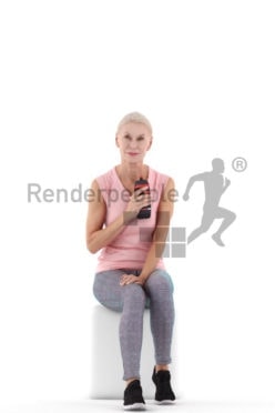 Posed 3D People model for renderings – old european woman sitting in sportswear, drinking from a botlle
