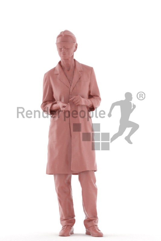 3D People model for 3ds Max and Maya – elderly white woman standing, in white coat, wearing goggles and gloves
