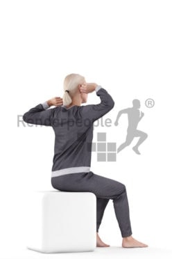 Posed 3D People model by Renderpeople – elderly european female in pyjamas, stretching