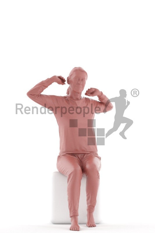 Posed 3D People model by Renderpeople – elderly european female in pyjamas, stretching