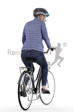 Posed 3D People model by Renderpeople – elderly white woman in outdoor look, wearing a helmet and riding a bike