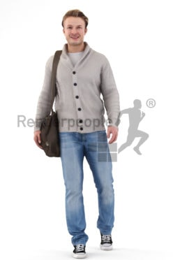 3d people casual, white 3d man wearing a bag walking