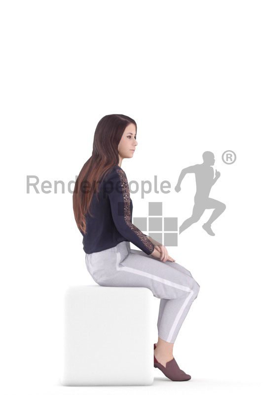 Animated human 3D model by Renderpeople – european woman in business look, sitting