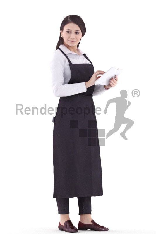 3d people service, white waitress woman holding tablet