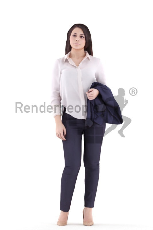 3d people business, white 3d woman standing and holding jacket