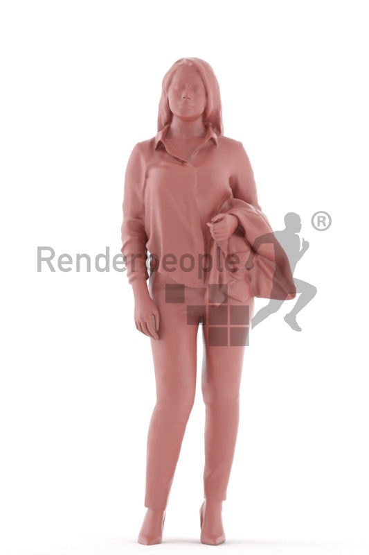 3d people business, white 3d woman standing and holding jacket