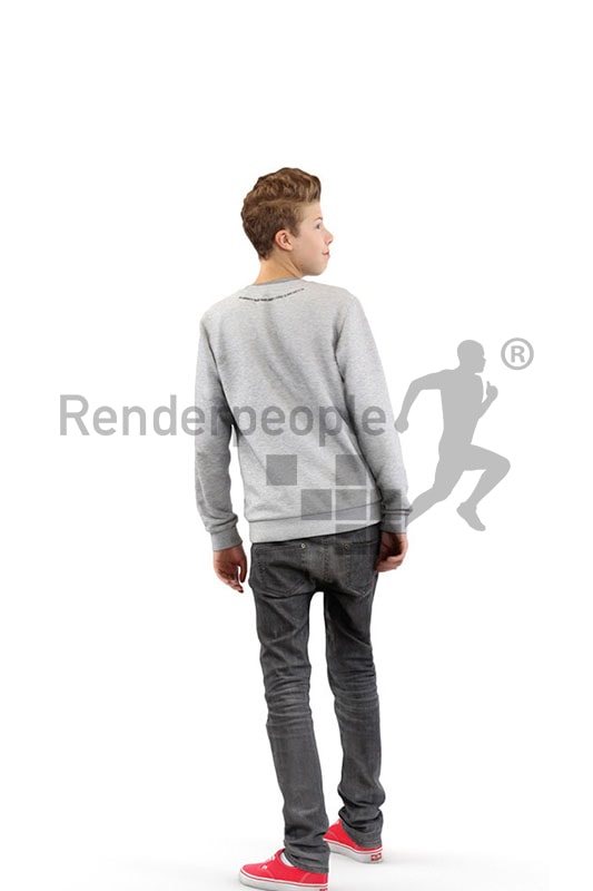 3d people kids, white 3d child standing looking over his shoulder